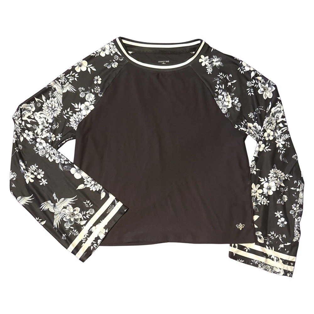 Johnny Was Bee Active Top Small Black Floral Raglan Kimono Sleeve Athletic S